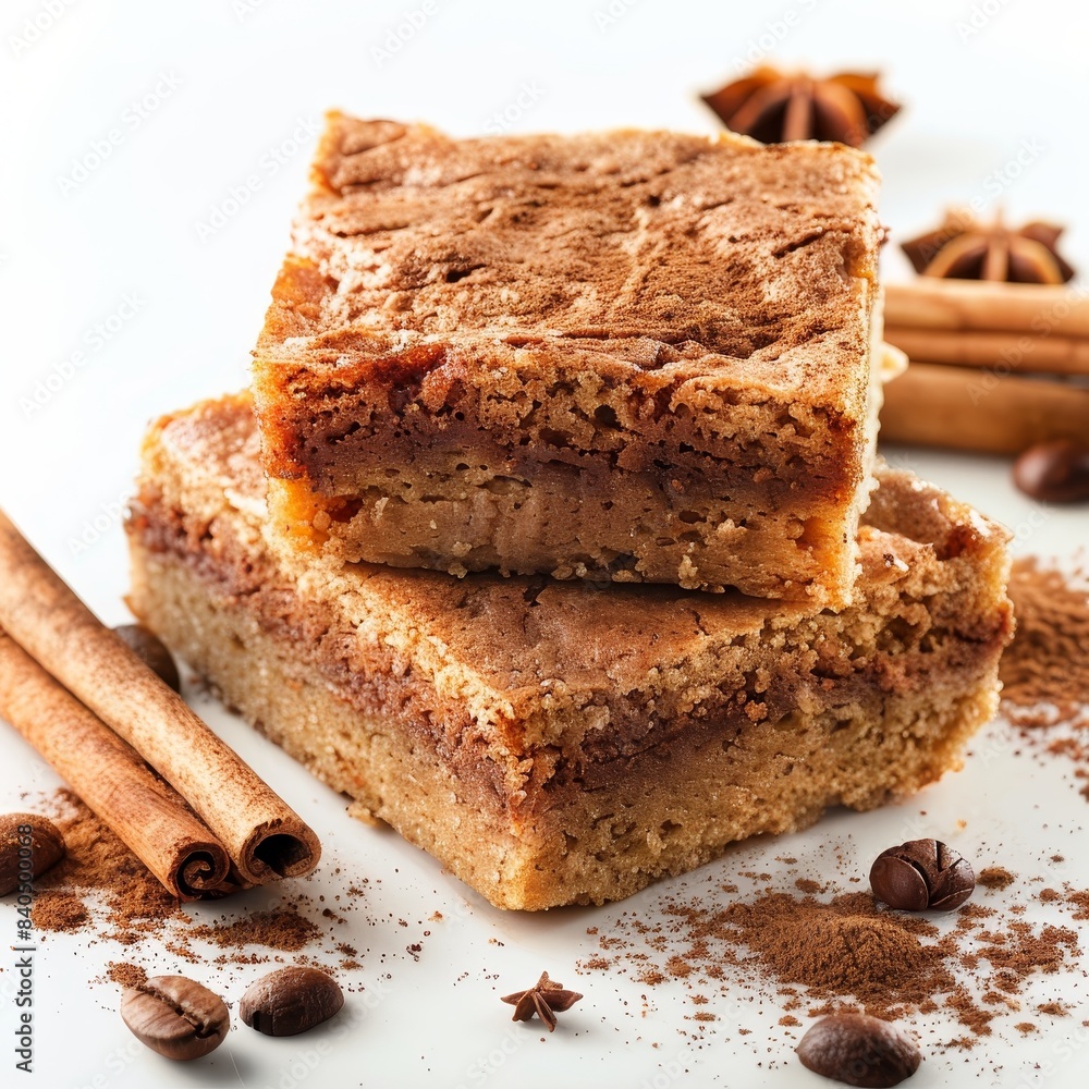 coffee cake square on a white background with cinnamon sticks coffee cake square on a white background with cinnamon sticks