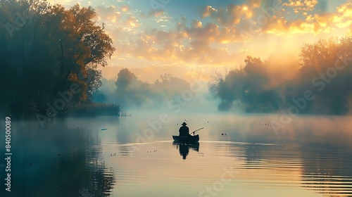 A fisherman in a boat on a misty lake at sunrise. The sky is a bright orange and yellow, and the trees are reflected in the water. photo
