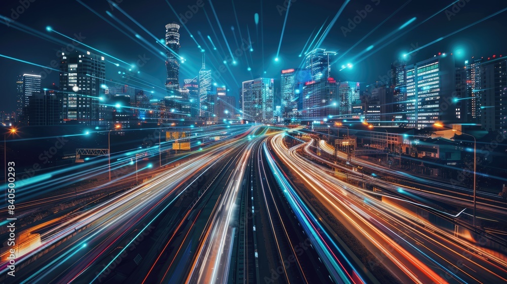 High-speed train network interface futuristic, maglev technology across an urban landscape High-speed train network interface futuristic, maglev technology across an urban landscape