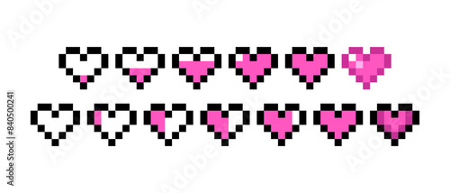 Pink pixel hearts set on white background. Health bar retro pixel game concept. 8-Bit game pixel graphics. Different hearts collection. Vector illustration
