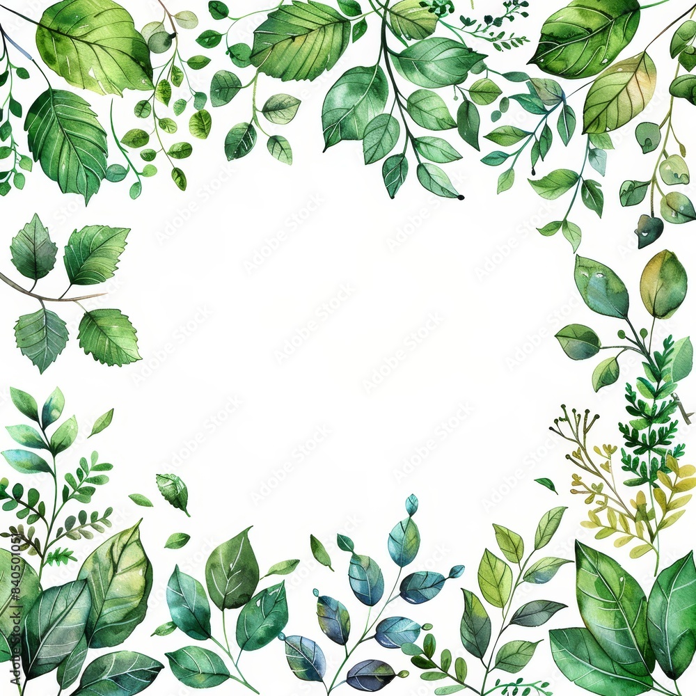 Obraz premium illustration Hand drawn leaves with a green watercolor texture isolated on white background, with copy space