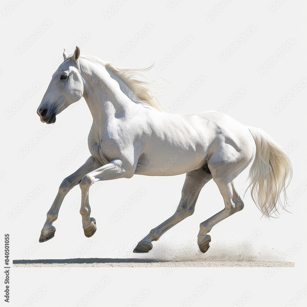 White horse running, full body shot on white background