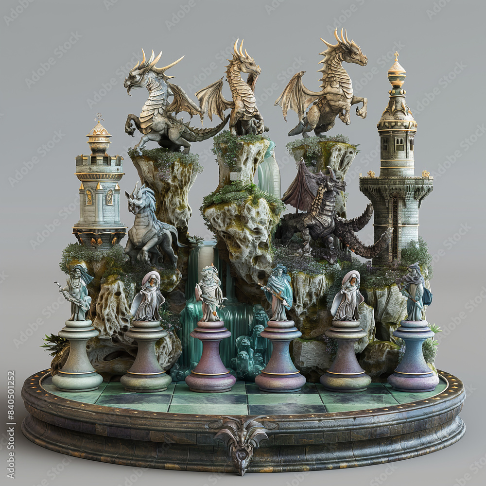 Fototapeta premium A fantasy chess set with dragon and castle pieces. The set is arranged on a checkered board with a stone and waterfall backdrop.