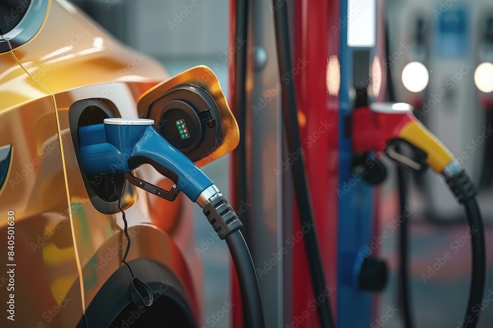 EV charging plug VS gas pump nozzle, electric vehicle concept EV charging plug VS gas pump nozzle, electric vehicle concept