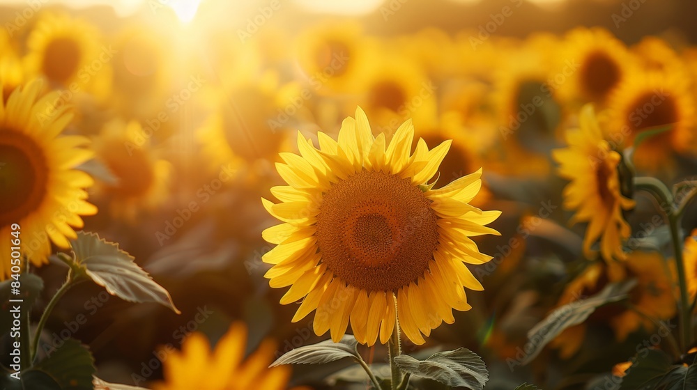 Fototapeta premium Sunflower Field with Sunsets: A Golden Hour Photography Scene