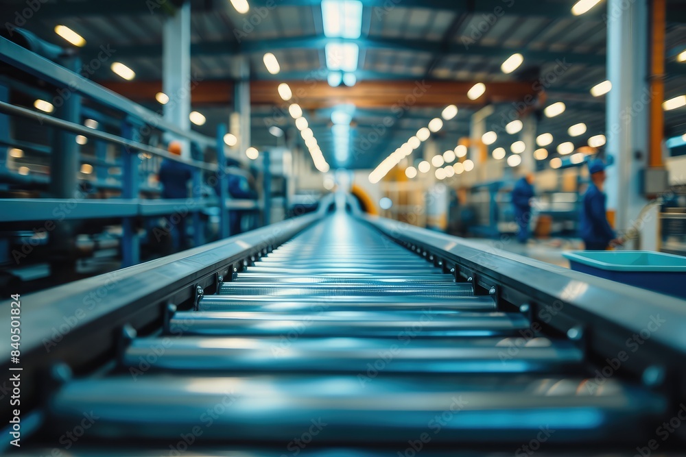 Photo of an industrial factory with a conveyor belt, workers in the background, clear blue tones, concept of modern production line Photo of an industrial factory with a conveyor belt, workers in the background, clear blue tones, concept of modern production line