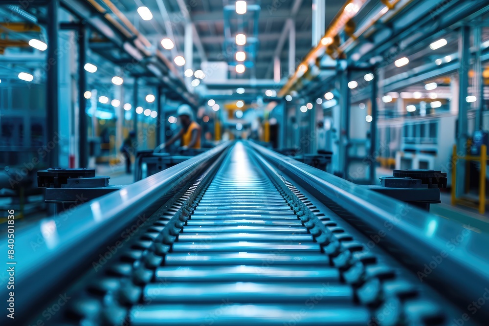 Photo of an industrial factory with a conveyor belt, workers in the background, clear blue tones, concept of modern production line Photo of an industrial factory with a conveyor belt, workers in the background, clear blue tones, concept of modern production line