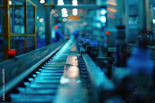 Photo of an industrial factory with a conveyor belt, workers in the background, clear blue tones, concept of modern production line