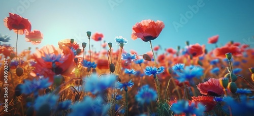 Vivid Wildflower Field with Poppy Blossoms, High-Resolution Landscape Photography for Creative Projects