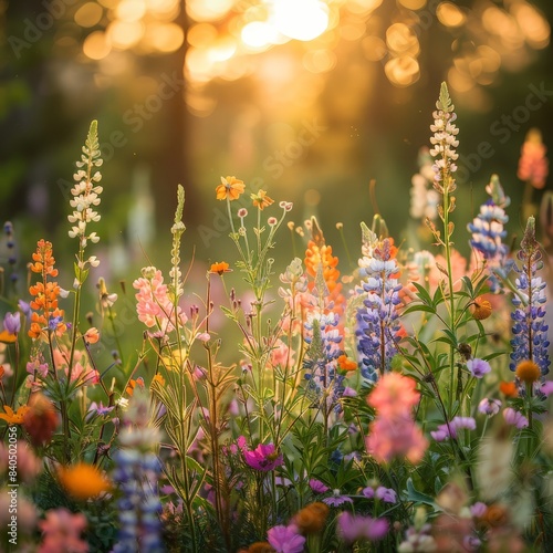Sunlit Field of Colorful Wildflowers at Sunrise