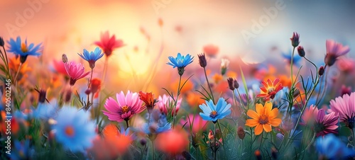 Vibrant Wildflower Field in Full Bloom, Nature Photography, Sunset Landscape