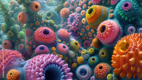 Abstract colorful pattern of 3D organic shapes resembling coral reef.