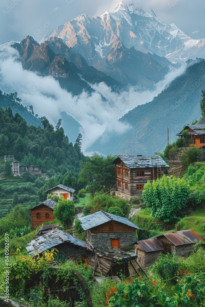 Obraz premium Serene Mountainous Village Scene