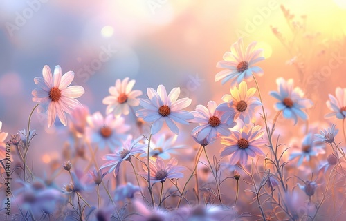 Vibrant Flower Field at Sunset with Soft Focus Blurred Background, Perfect for Nature Lovers and Photographers