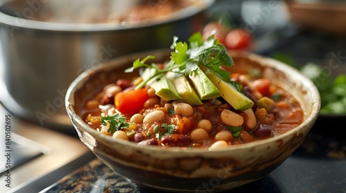 Hearty Vegan Chili in Rustic Bowl with Avocado and Fresh Cilantro,Cozy Kitchen Setting
