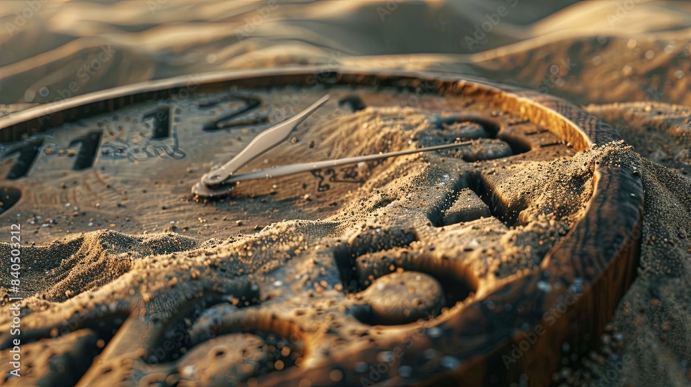 Sand dunes under the scorching sun,Closeup of an old clock face buried in the sand.Sand is falling from above to symbolize time passing. Sand dunes under the scorching sun,Closeup of an old clock face buried in the sand.Sand is falling from above to symbolize time passing.