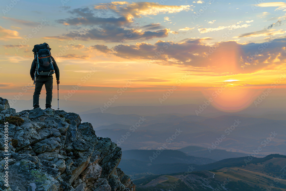 man with backpack on the top of the mountain with beautiful sunset view man with backpack on the top of the mountain with beautiful sunset view