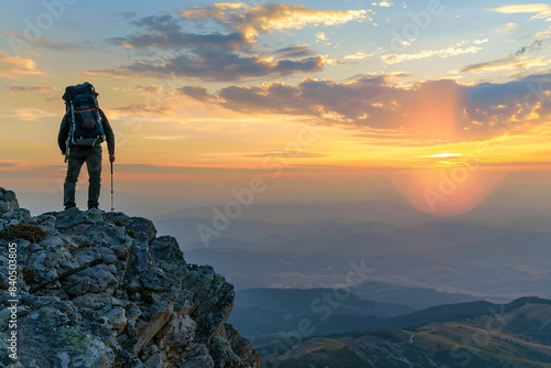 man with backpack on the top of the mountain with beautiful sunset view