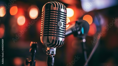 Retro silver microphone on stage with blurred orange lights in the background. photo