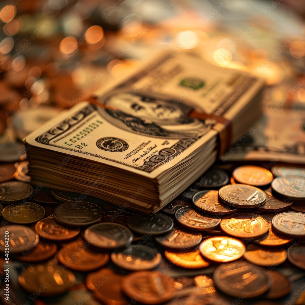 Money Stash: Pile of US Currency Notes and Coins on a Surface, with Change Stack High Money Stash: Pile of US Currency Notes and Coins on a Surface, with Change Stack High