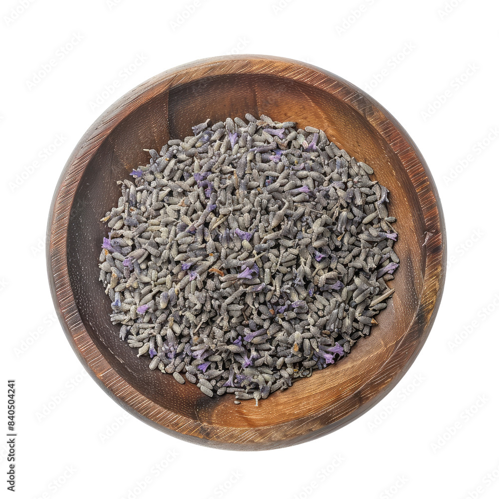 Dried lavender flowers in a wooden bowl isolated on transparent background. Top view. Dried lavender flowers in a wooden bowl isolated on transparent background. Top view.