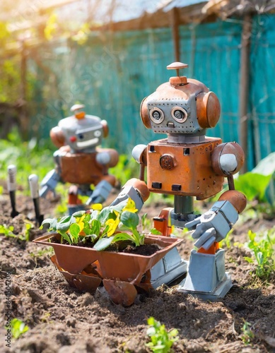 A pair of happy, cute, rusty robots out gardening on a beautiful day in a sunny backyard photo