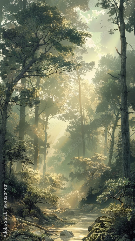 Fototapeta premium Ethereal Enchanted Forest: Tranquil Fantasy Landscape Bathed in Mystical Light