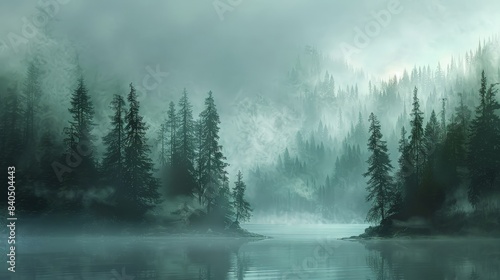 Ethereal Mists in Tranquil Forest: A Mystical Minimalist Artwork Capturing Serene Enchantment