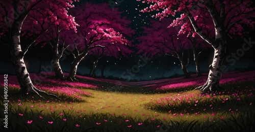 cherry blossom tree orchard park in summer dark night. trees in forest woods with pink petals and leaves. dark nature scene.