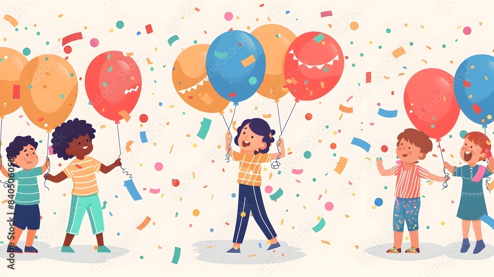 Joyful Juneteenth with Diverse Children Holding Balloons and Confetti Joyful Juneteenth with Diverse Children Holding Balloons and Confetti