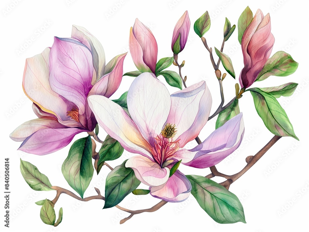 Watercolor Luxurious open magnolia flowers with buds and half-opened flowers and several leaves Watercolor Luxurious open magnolia flowers with buds and half-opened flowers and several leaves