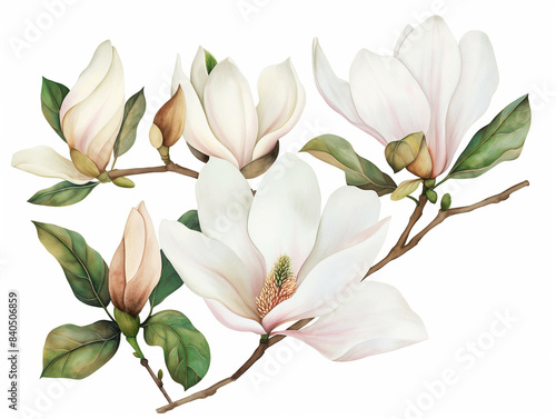 Watercolor Luxurious open magnolia flowers with buds and half-opened flowers and several leaves