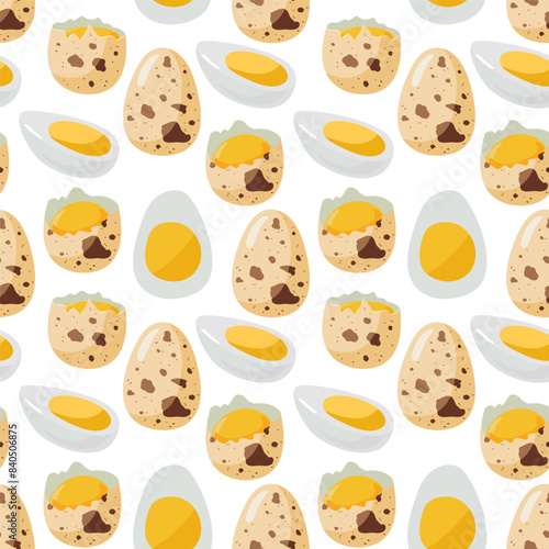 Seamless pattern with Quail eggs. Whole and open eggs. Natural healthy food protein cooking ingredient. Repeated design for menu, wallpaper, wrapping, packing, textile, scrapbooking. Spotted eggshell.