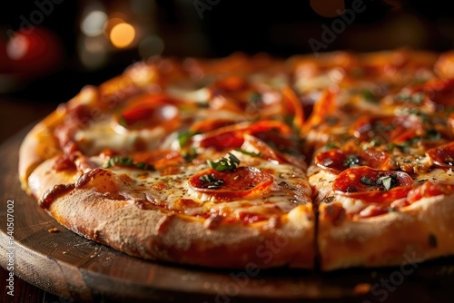 Close-up of a delicious pepperoni pizza with melted cheese and herbs on a wooden board  perfect for food and dining themes.