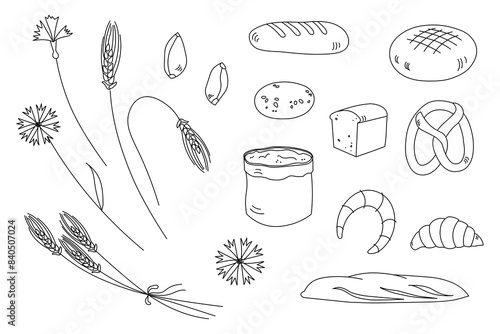 Wheat, bakery products, wheat flour hand drawn sketch on isolated background. Loaf of rye and wheat bread, french baguette and croissant, cake, cupcake , cookie, bun, bagel, flour bag, cornflowe