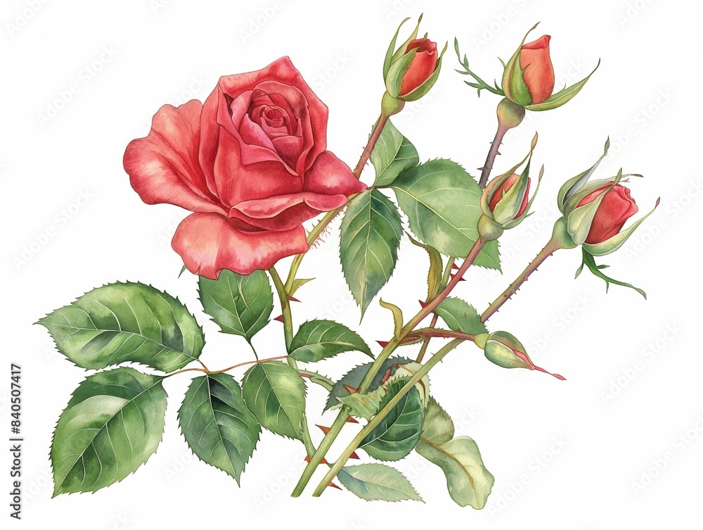 Watercolor Luxurious open roses with buds and half-opened flowers and several leaves Watercolor Luxurious open roses with buds and half-opened flowers and several leaves