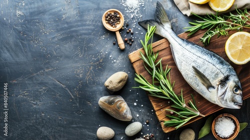 Three fresh raw sea bass fish with ice, rosemary and salt on a dark stone background in a top view setting.