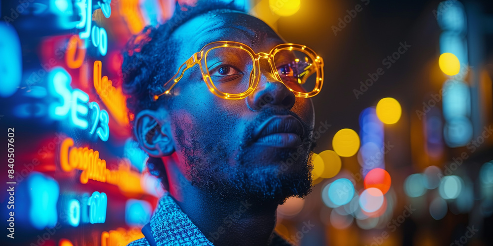 A young man wearing illuminated glasses stands in the city at night, bathed in the glow of colorful neon signs A young man wearing illuminated glasses stands in the city at night, bathed in the glow of colorful neon signs