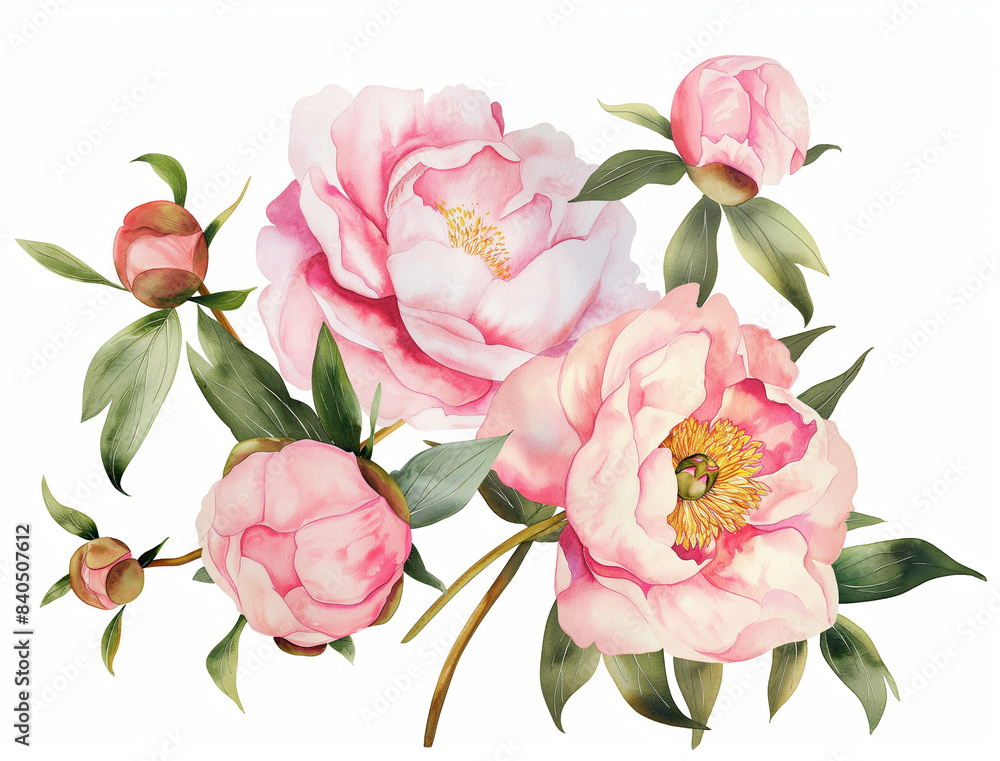 Watercolor Luxurious open peonies with buds and half-opened flowers and several leaves Watercolor Luxurious open peonies with buds and half-opened flowers and several leaves