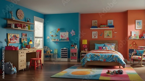 Newly renovated kids' bedroom. On one side, depict the old bedroom with outdated furniture and decor, showing wear and tear. photo