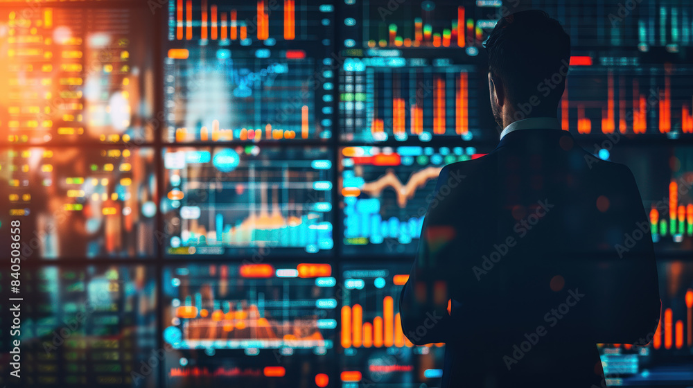 Rear view businessman analyzing glowing forex chart. Journey success in modern finance and trading. man standing , looking data growth computer. Concept investment, banking, and economy. Rear view businessman analyzing glowing forex chart. Journey success in modern finance and trading. man standing , looking data growth computer. Concept investment, banking, and economy.