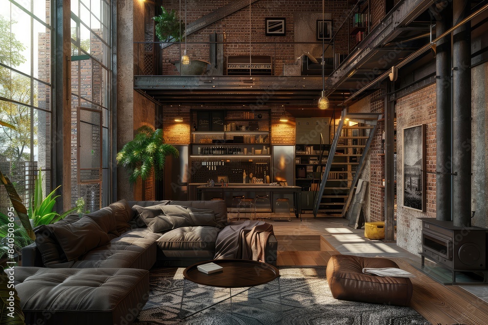 Living room interior in loft, industrial style Living room interior in loft, industrial style