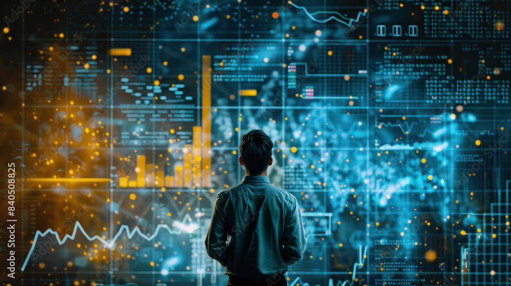 Back view young businessman abstract background with forex chart. Market concept. Man in suit, standing, holding mobile phone, finance graph. Businessperson in office, thinking economy trend. Back view young businessman abstract background with forex chart. Market concept. Man in suit, standing, holding mobile phone, finance graph. Businessperson in office, thinking economy trend.