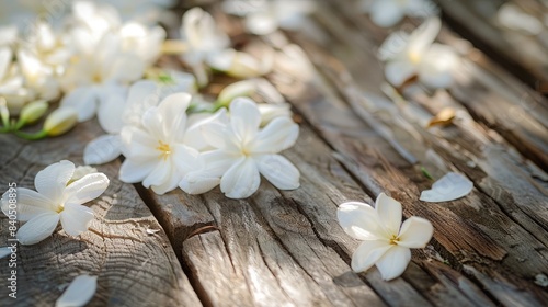 Close-up of jasmine petals strewn on a wooden surface  their delicate beauty captured in exquisite detail