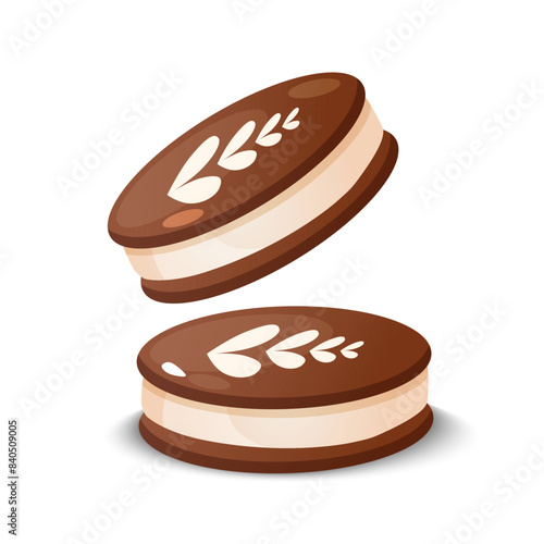 Baking delicious chocolate biscuits with creamy filling isolated on white background
