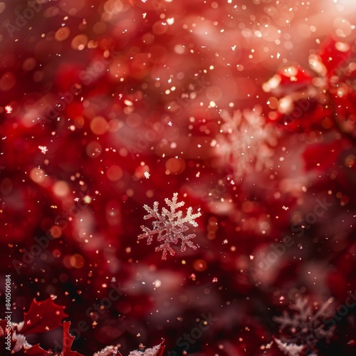 Vivid Christmas Blizzard: Snowflake Snowfall on Red Maple Leaves © Riya