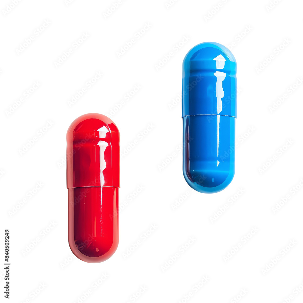 Single red capsule and blue capsule on white background, pharmaceutical focus Single red capsule and blue capsule on white background, pharmaceutical focus