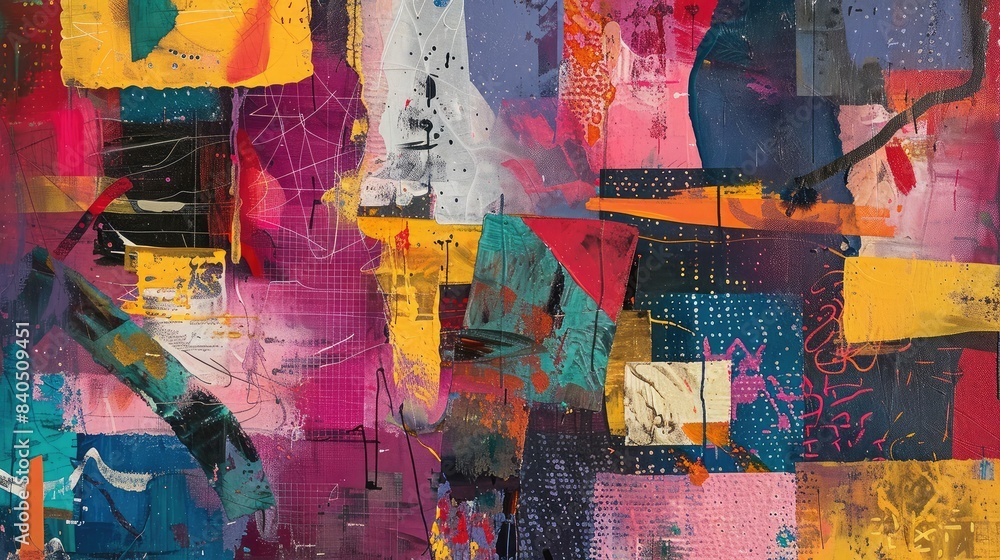 Fototapeta premium Colorful abstract painting featuring overlapping shapes and textures, providing a complex and engaging background
