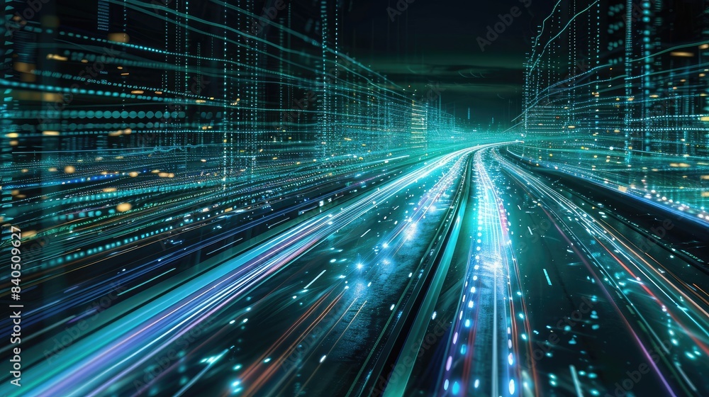 Composite image of a superhighway with data cables and fiber optic lines, representing the infrastructure of the Information Superhighway Composite image of a superhighway with data cables and fiber optic lines, representing the infrastructure of the Information Superhighway