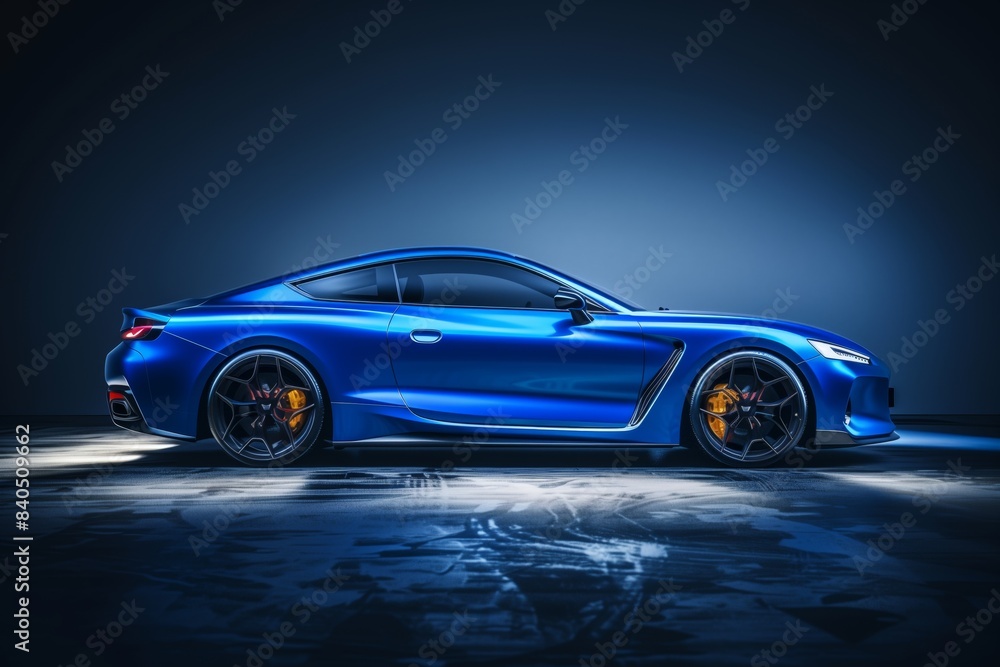 Fototapeta premium A blue sports car with sleek design and yellow brake calipers, showcased in a dark studio setting.